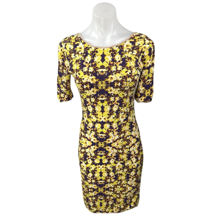 Sam & Lavi Yellow Multicolor Floral Short Sleeve Midi Bodycon Sheath Dress S