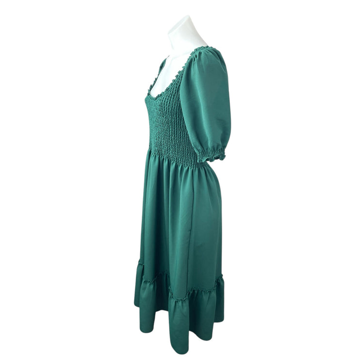 Hill House Home The Louisa Crepe Green Half Sleeve Smocked A Line Midi Dress M