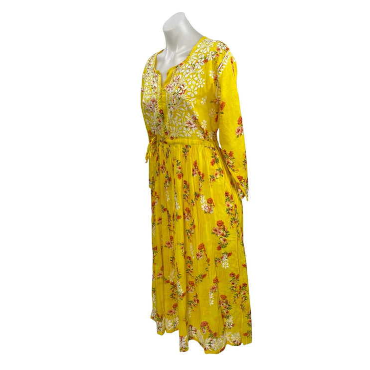 Women's Yellow Floral Embroidered 3/4Sleeve Anarkali Ethnic Maxi A-Line Dress 38