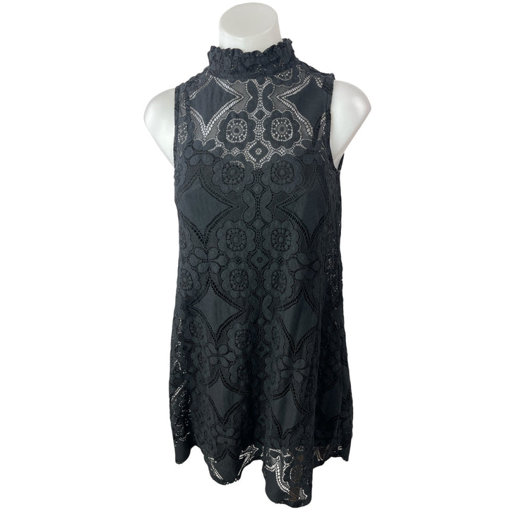Boohoo Black Lace Geometric Floral Mock Neck Sleeveless Mini Shift Dress Size 6