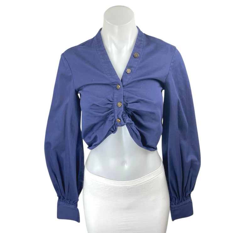 Auteur Harri Blue Long Balloon Sleeve Ruched Button Down Shirt Crop Top Size S