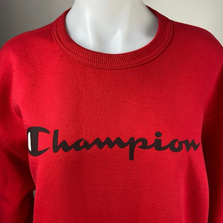 Champion Red Crew Neck Logo Fleece Spell Out Oversized Pullover Sweatshirt Sz L