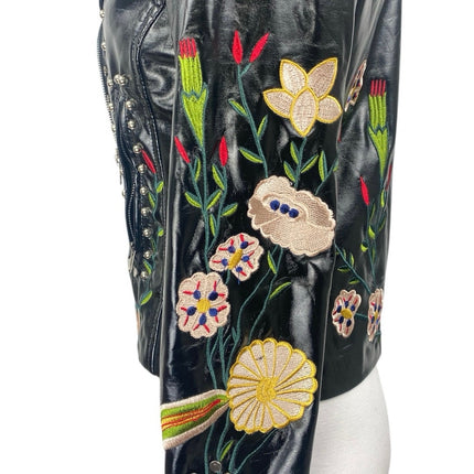 Ellie White Black Patent Faux Leather Studded Floral Embroidered Moto Jacket S