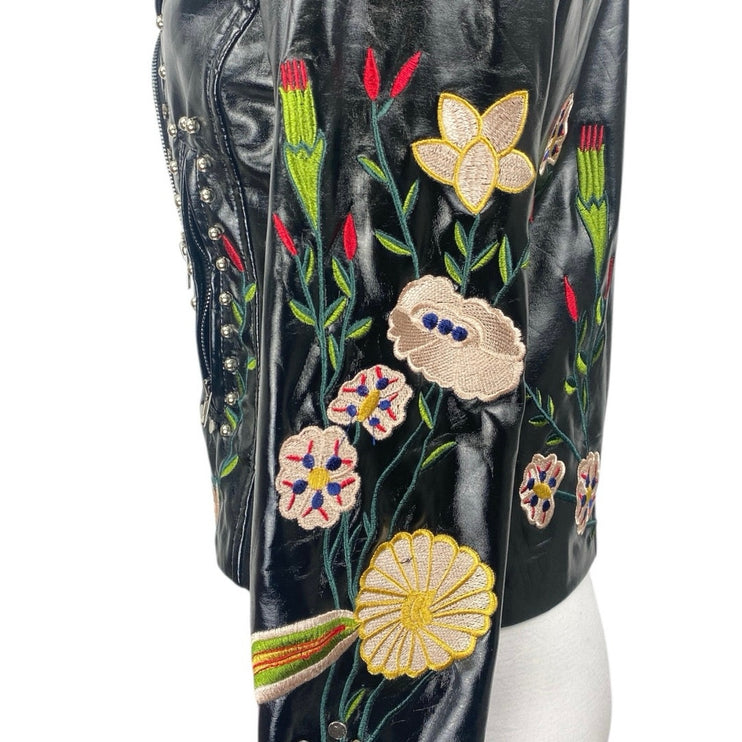 Ellie White Black Patent Faux Leather Studded Floral Embroidered Moto Jacket S