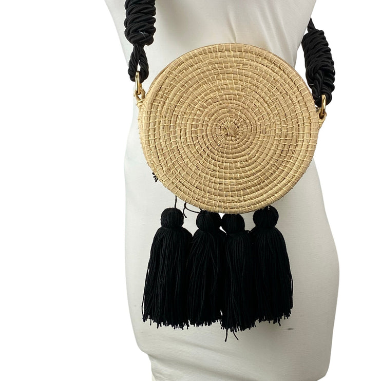 Women's Beige Fringe Tassel Rope Strap Crossbody Straw Summer Round Handbag OS