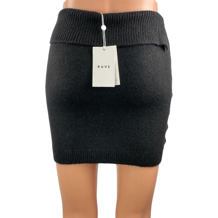 NEW RUVE Black High Waisted Ribbed Knit Fold Button Mini Pencil Skirt Size XS