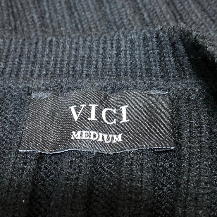 Vici Womens Black Ribbed Knit Long Sleeve Pointed Hem Cropped Sweater Top Size M