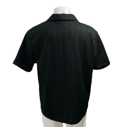 H&M Black Texture Weave Collared Short Sleeve Button Down Resort Shirt Top Sz L