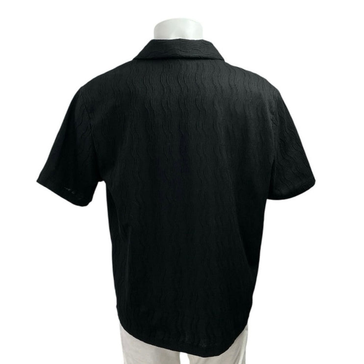 H&M Black Texture Weave Collared Short Sleeve Button Down Resort Shirt Top Sz L
