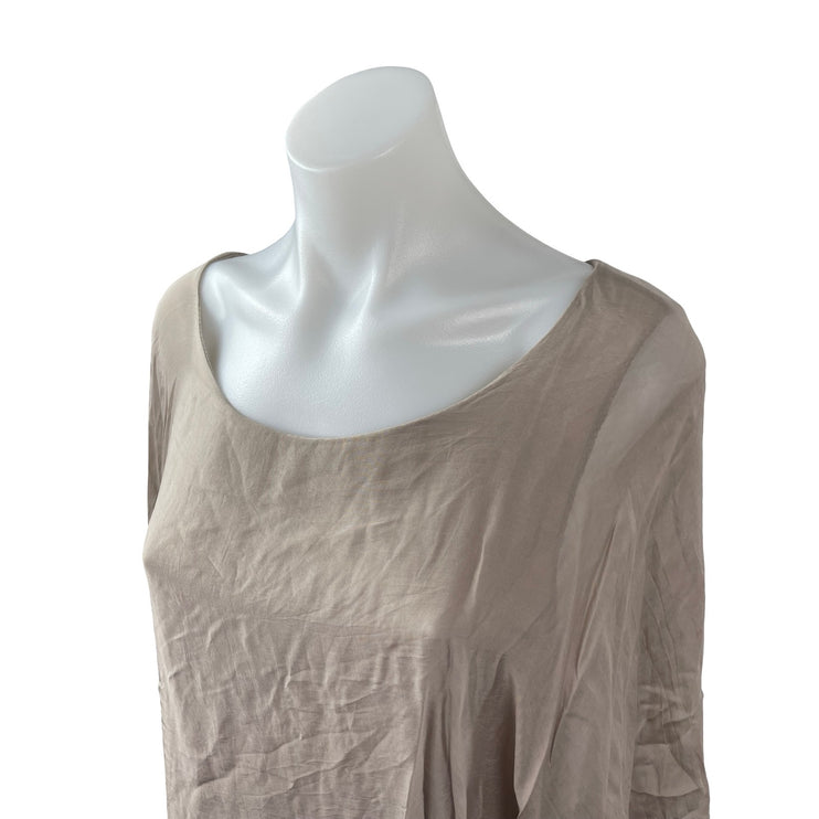 Womens Beige Silk Lagenlook Round Neck Batwing Sleeve Tunic Shirt Blouse Top S/M