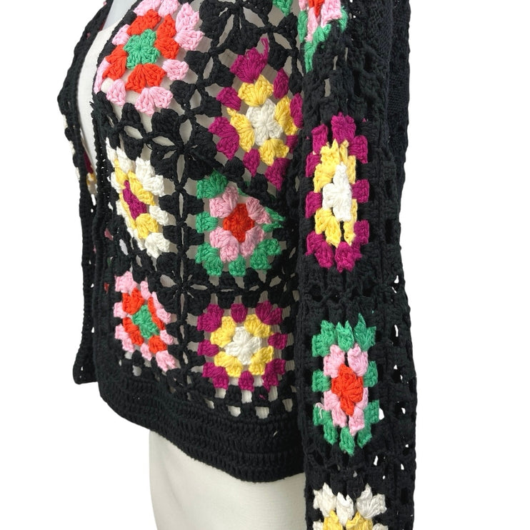 Wild Fable Black Crochet Floral Boho Granny Square Crop Cardigan Sweater Top M