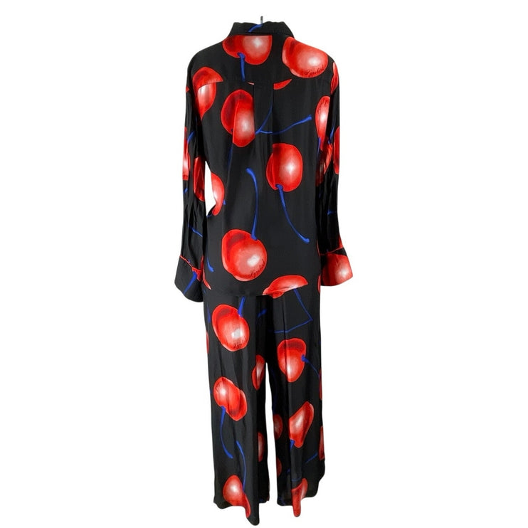Anthropologie LyreBird Silky Cherry Long Sleeve Wide Leg Pajama Sleepwear Set XS