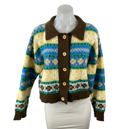 24Colours Fair Isle Collared Long Sleeve Button Down Crop Cardigan Sweater Top M