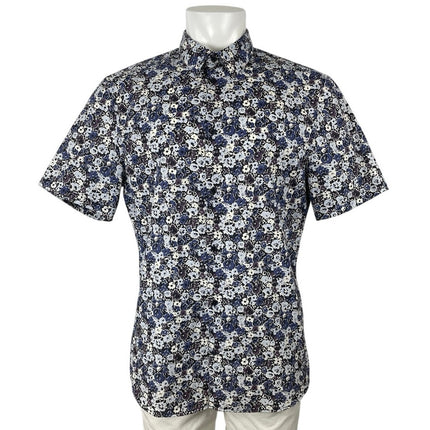 H&M Men's Blue Floral Slim Fit Short Sleeve Casual Button Down Shirt Top Size L