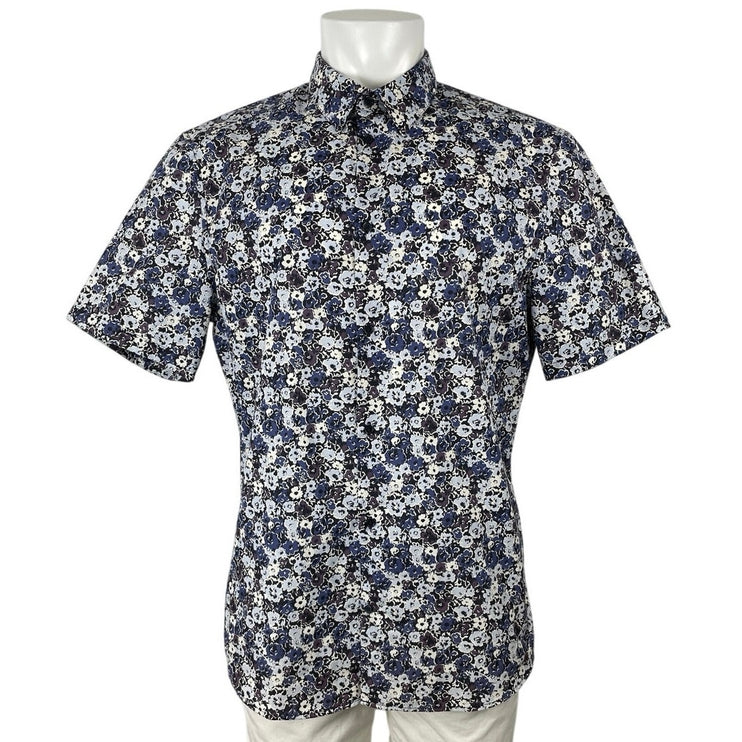 H&M Men's Blue Floral Slim Fit Short Sleeve Casual Button Down Shirt Top Size L