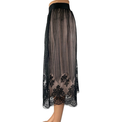 Xhilaration Women's Black Floral Striped Lace Tulle Mid Rise Midi Skirt Size XXL