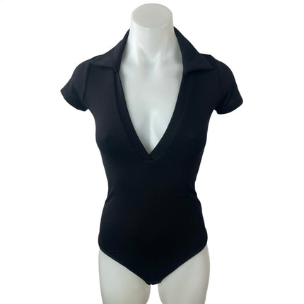 Alix NYC Women's Black Ribbed Knit Short Sleeve Polo V Neck Bodysuit Top Size XS
