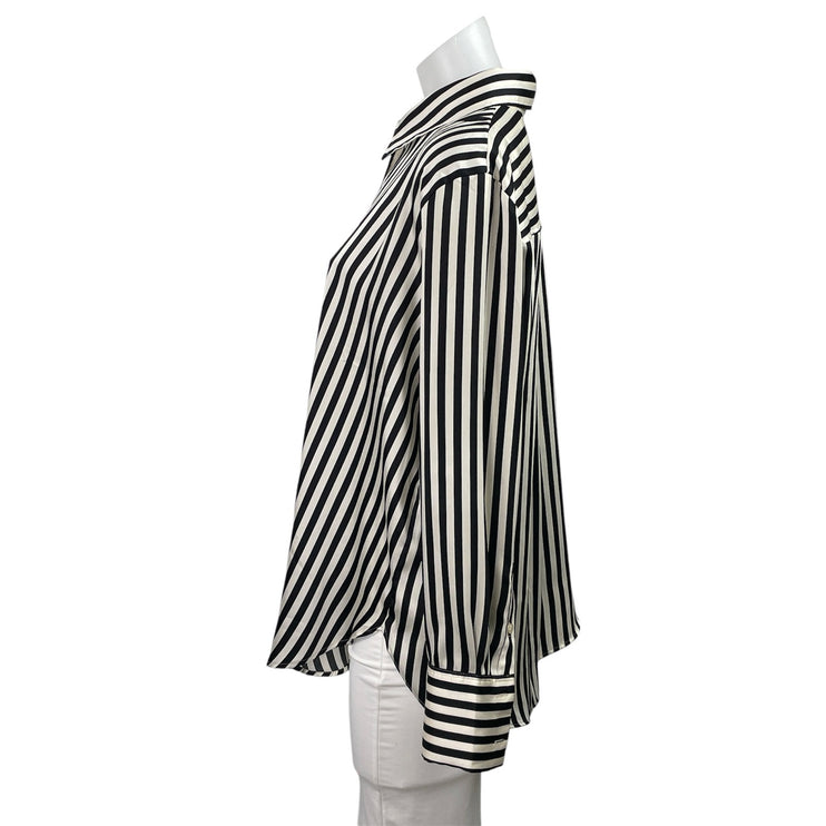 H&M Women's Black White Striped Collar Long Sleeve Button Down Tunic Shirt Top L