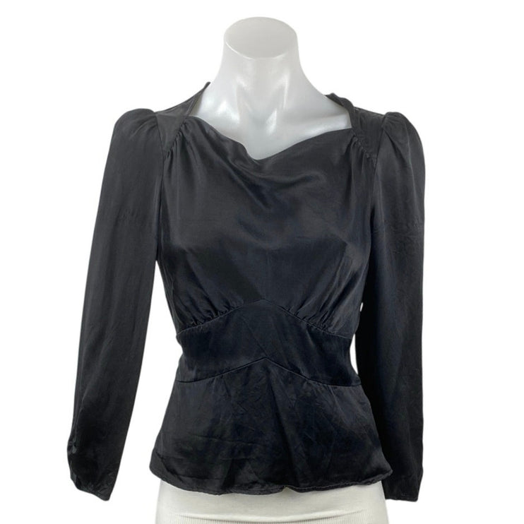 Reformation Roe 100% Silk Black Ruched Boat Neck Long Sleeve Peplum Blouse Top 4