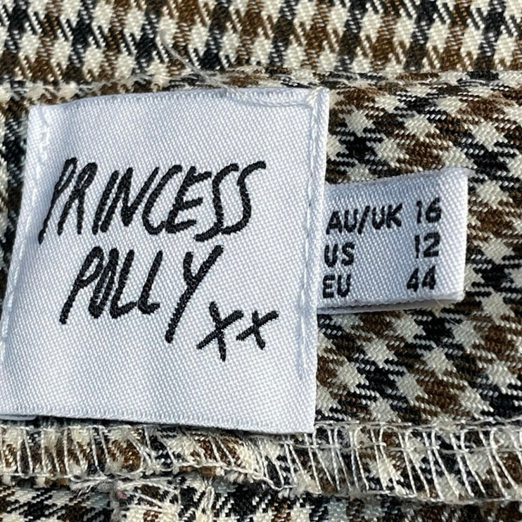 Princess Polly Brown Plaid Checkered High Waisted Wide Leg Trousers Pants Sz 12