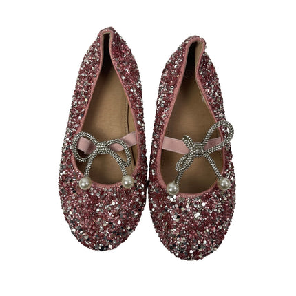Kids Girls Pink Rhinestone Bow Glitter Beaded Round Toe Ballet Flat Shoes 33/1.5