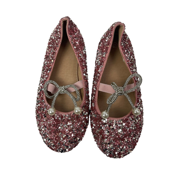 Kids Girls Pink Rhinestone Bow Glitter Beaded Round Toe Ballet Flat Shoes 33/1.5