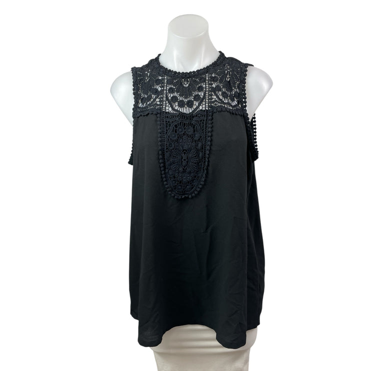 Halogen Women's Black Floral Lace Crochet Pompom Sleeveless Blouse Top Size 1