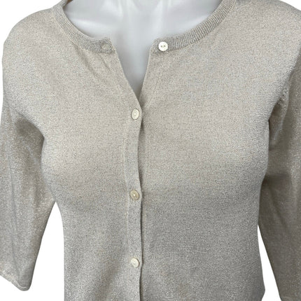 Nice Thing Mini Beige Metallic 3/4 Sleeve Button Crop Cardigan Sweater Top Sz 14