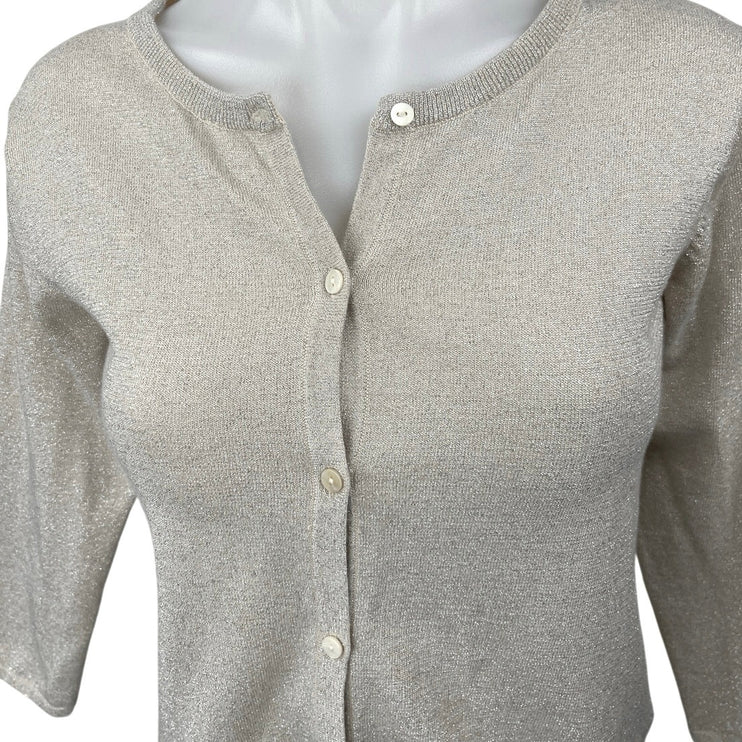 Nice Thing Mini Beige Metallic 3/4 Sleeve Button Crop Cardigan Sweater Top Sz 14