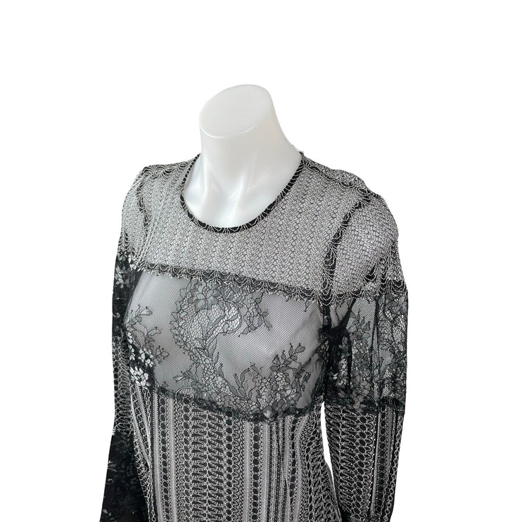 NEW BCBGMAXAZRIA Black Metallic Lace Long Bell Sleeve Maxi Shift Dress Size XXS