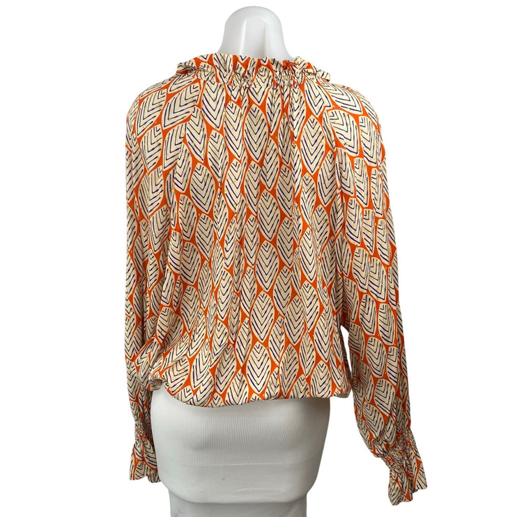 Tinley Women's Coral Leaf Abstract V Neck Ruffle Long Sleeve Blouse Top Size M