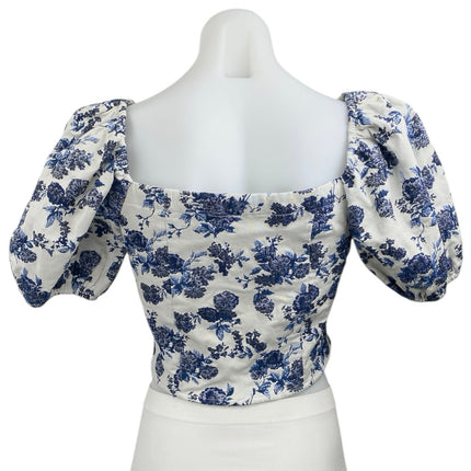 Aqua Women's White Blue Floral Short Puff Sleeve Square Blouse Crop Top Size S