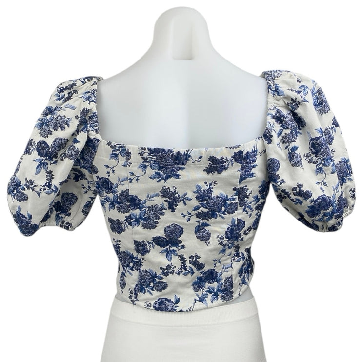 Aqua Women's White Blue Floral Short Puff Sleeve Square Blouse Crop Top Size S