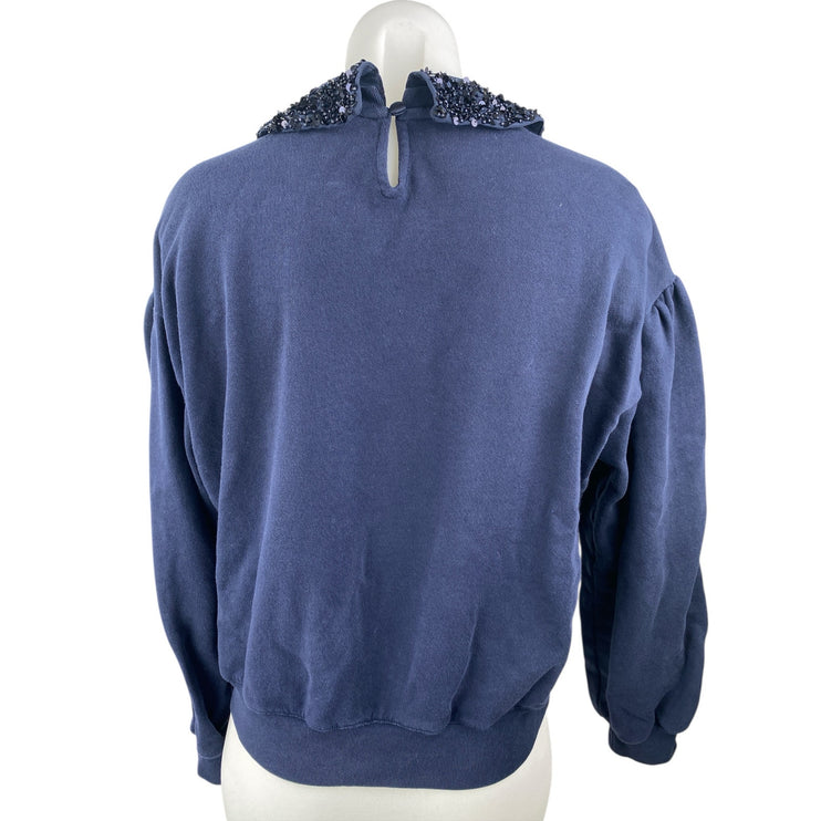 J.Crew Navy Blue Sequin Beaded Collar Long Sleeve Sweatshirt Sweater Top Size S