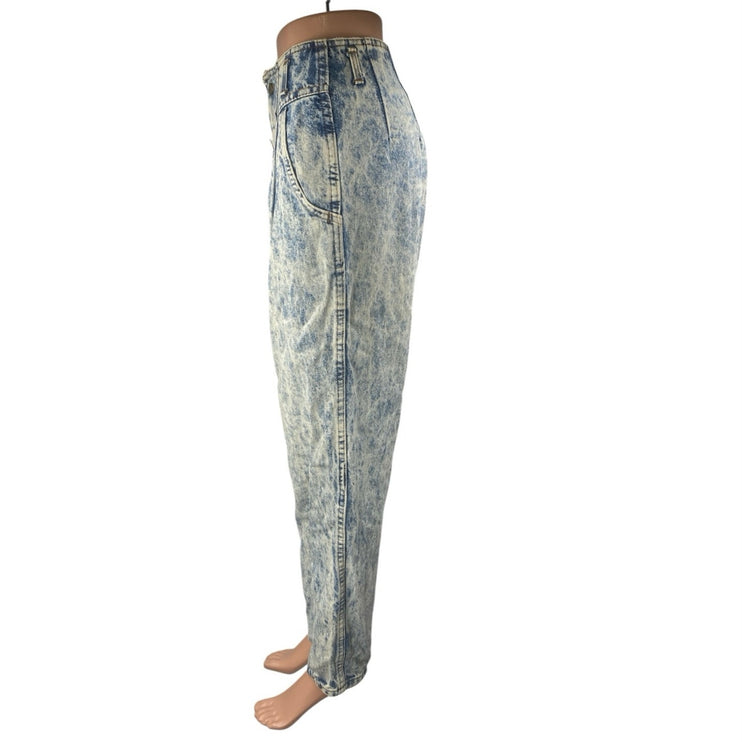 Chic Women's Blue Acid Wash High Waisted Pleated Tapered Denim Jeans Size 27