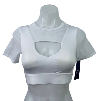 NEW J. Ing Women's White Short Sleeve Cutout Mesh Crew Neck Crop Top Size XS