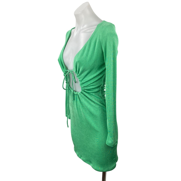 Superdown Women's Green Long Sleeve Plunge Ring Tie Mini Bodycon Dress Size M