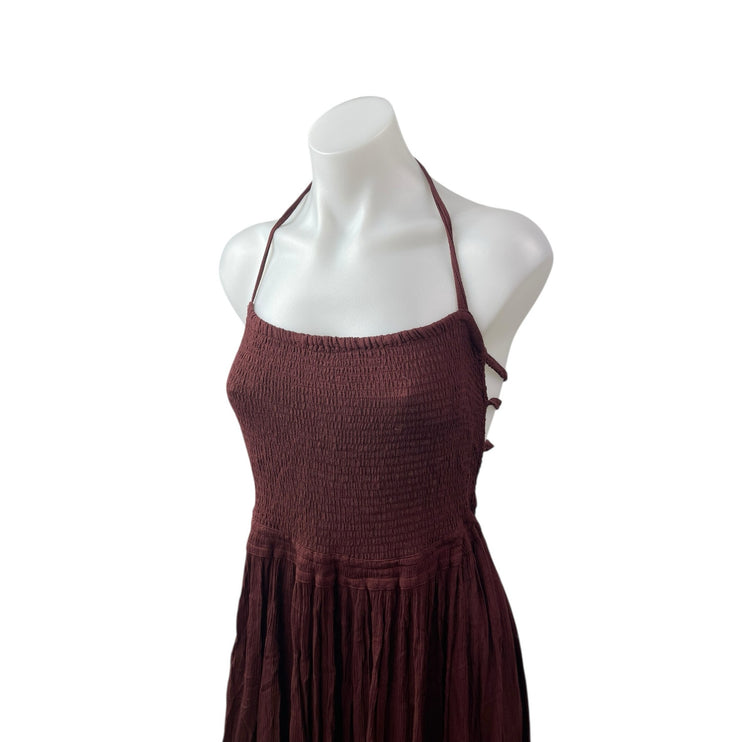 Free People Women's Red Halter Smocked Pleated Sleeveless Boho Maxi Dress Size L