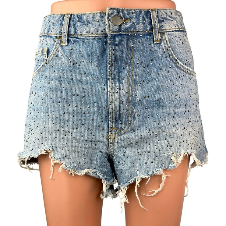 Zara Blue Rhinestone Embellished High Waisted Cut Off Denim Jean Shorts Size 8