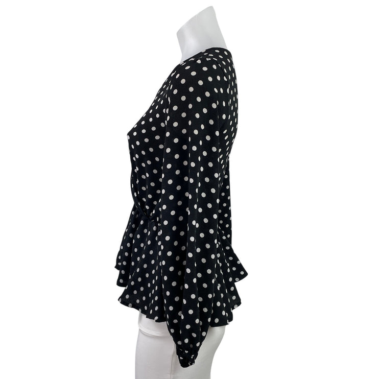 Mi Ami Women's Black White Polka Dots Long Sleeve V Neck Peplum Blouse Top XS