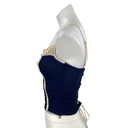 Motel Women's Navy Blue Lace Bow Corset Bustier Sleeveless Cami Crop Top Size XS