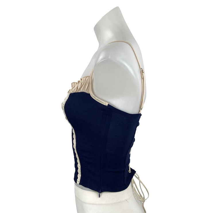 Motel Women's Navy Blue Lace Bow Corset Bustier Sleeveless Cami Crop Top Size XS
