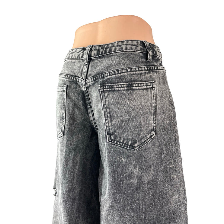 PrettyLittleThing Women's Black Washed Distressed Wide Leg Baggy Denim Jeans 4