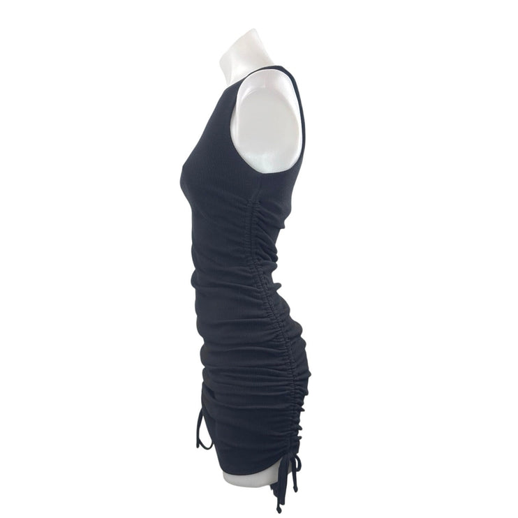 Lulus Women's Black Ribbed Ruched Sleeveless Mini Tank Sheath Bodycon Dress S