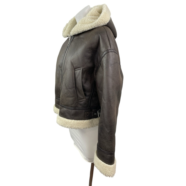 Stradivarius Women's Brown Fleece Sherpa Hoodie Full Zip Faux Leather Jacket L