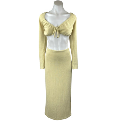 Sabo Yellow Waffle Knit Long Sleeve Crop Top Pencil Midi Skirt 2 Pc Set Size 6