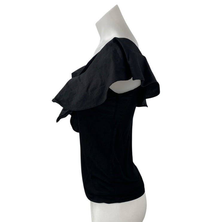 Pookie & Sebastian Womens Black Ruffle Sleeve Faux Wrap V Neck Blouse Top Size S