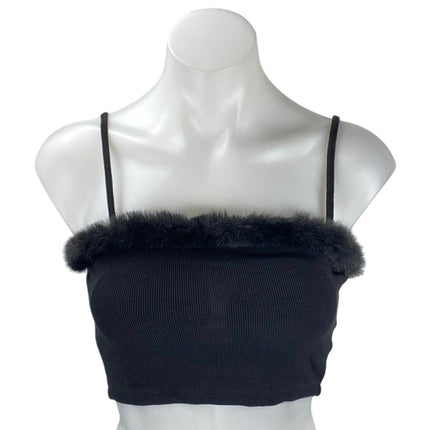 Tic Toc Women's Black Sleeveless Ribbed Faux Fur Cami Camisole Crop Tank Top S