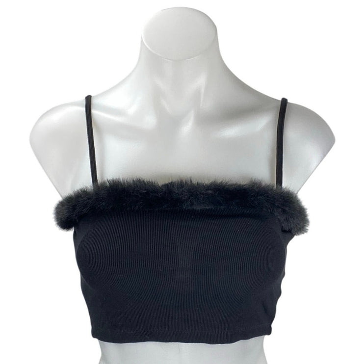 Tic Toc Women's Black Sleeveless Ribbed Faux Fur Cami Camisole Crop Tank Top S