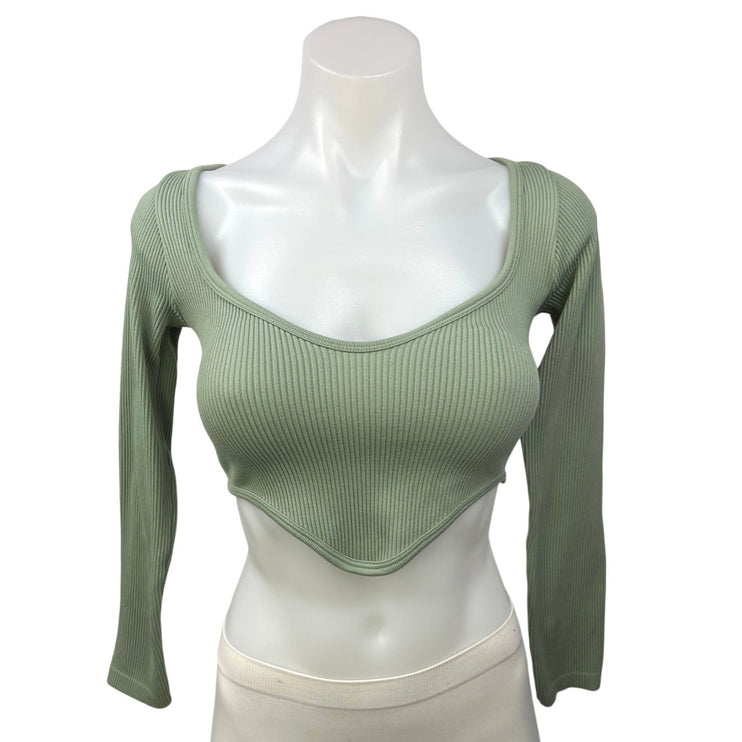 Zara Green Ribbed Knit Long Sleeve Scoop Neck Pointed Hem Crop Top Size XS/S